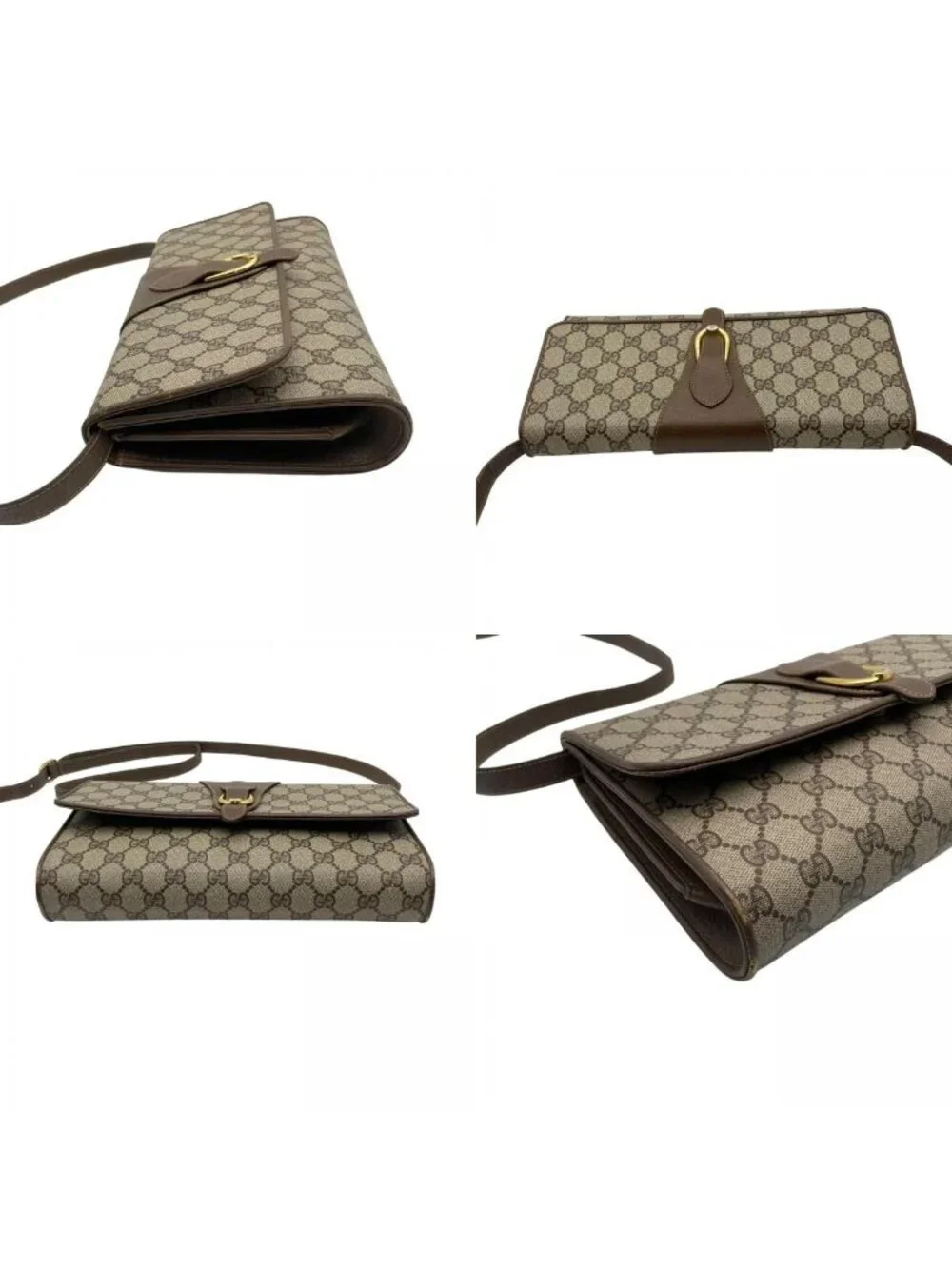 Gucci Shoulder Bag Crossbody Vintage GG Plus Leather Gray Brown Gold Simple